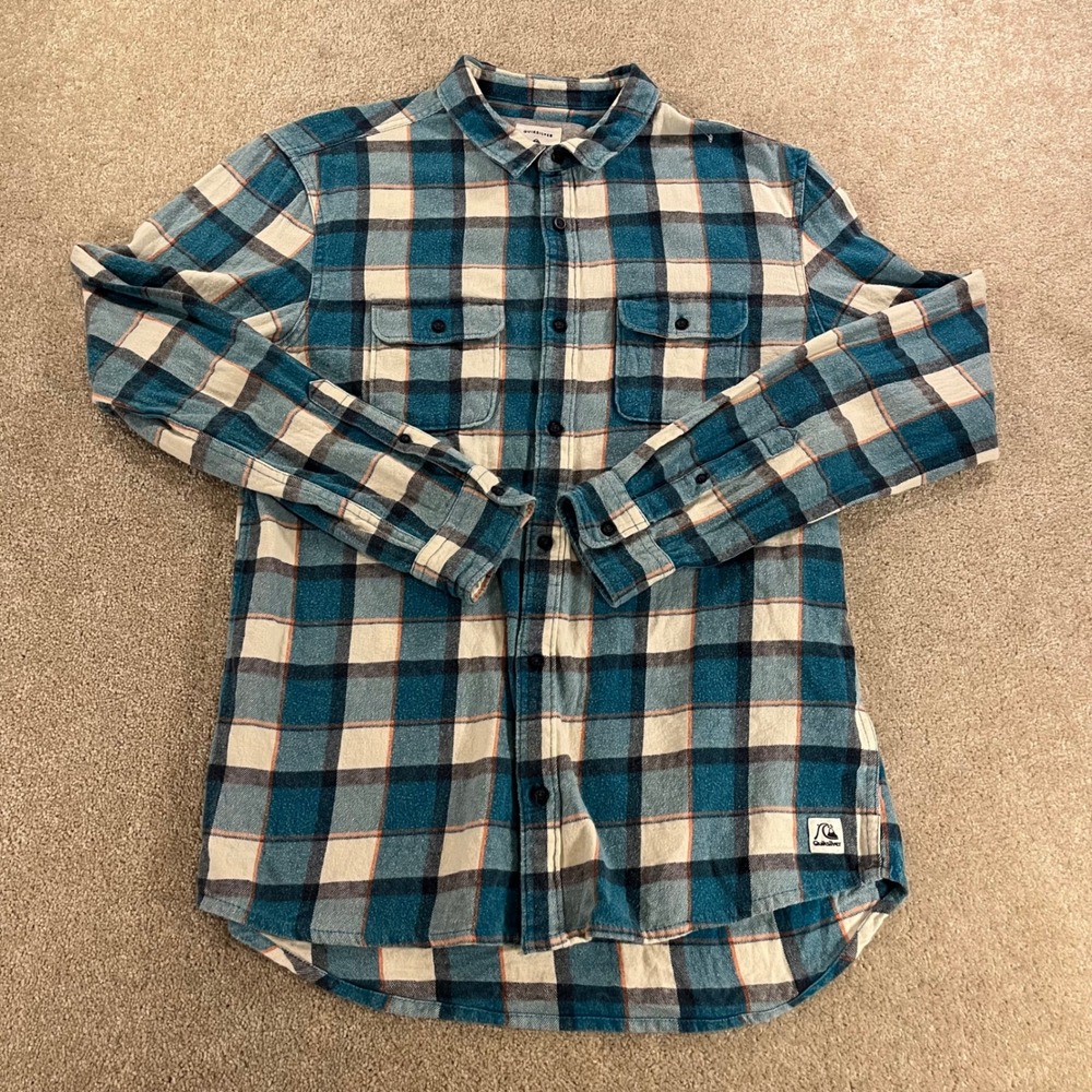 Quiksilver Flannel Shirt Mens Large Blue Plaid Modern Fit Cotton Long Sleeve